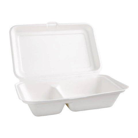 Compostable Bagasse Box - 2 compartment (Hinged Lid)