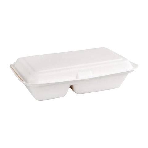 Compostable Bagasse Box - 2 compartment (Hinged Lid)