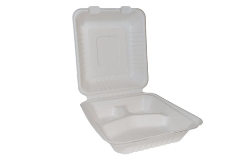 Compostable Bagasse Box - 3 compartment (Hinged Lid)